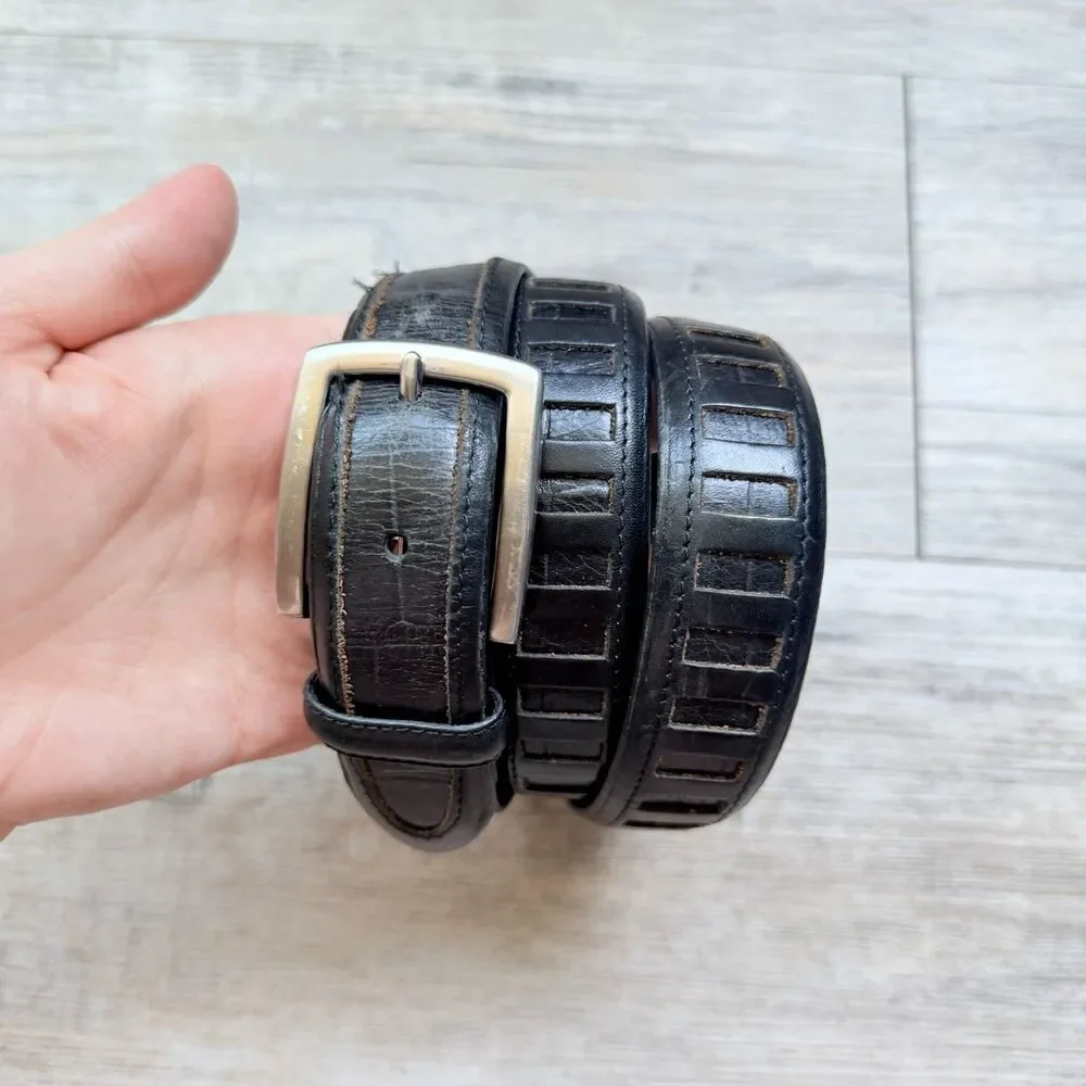 Vintage Black Genuine Leather Belt Textured Inlay Silver Buckle Size 36